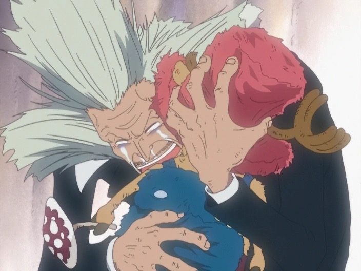 Dr. Hiriluk, tears streaming down his face, hugging a young Chopper on snowy Drum Island — the doctor who first believed in him