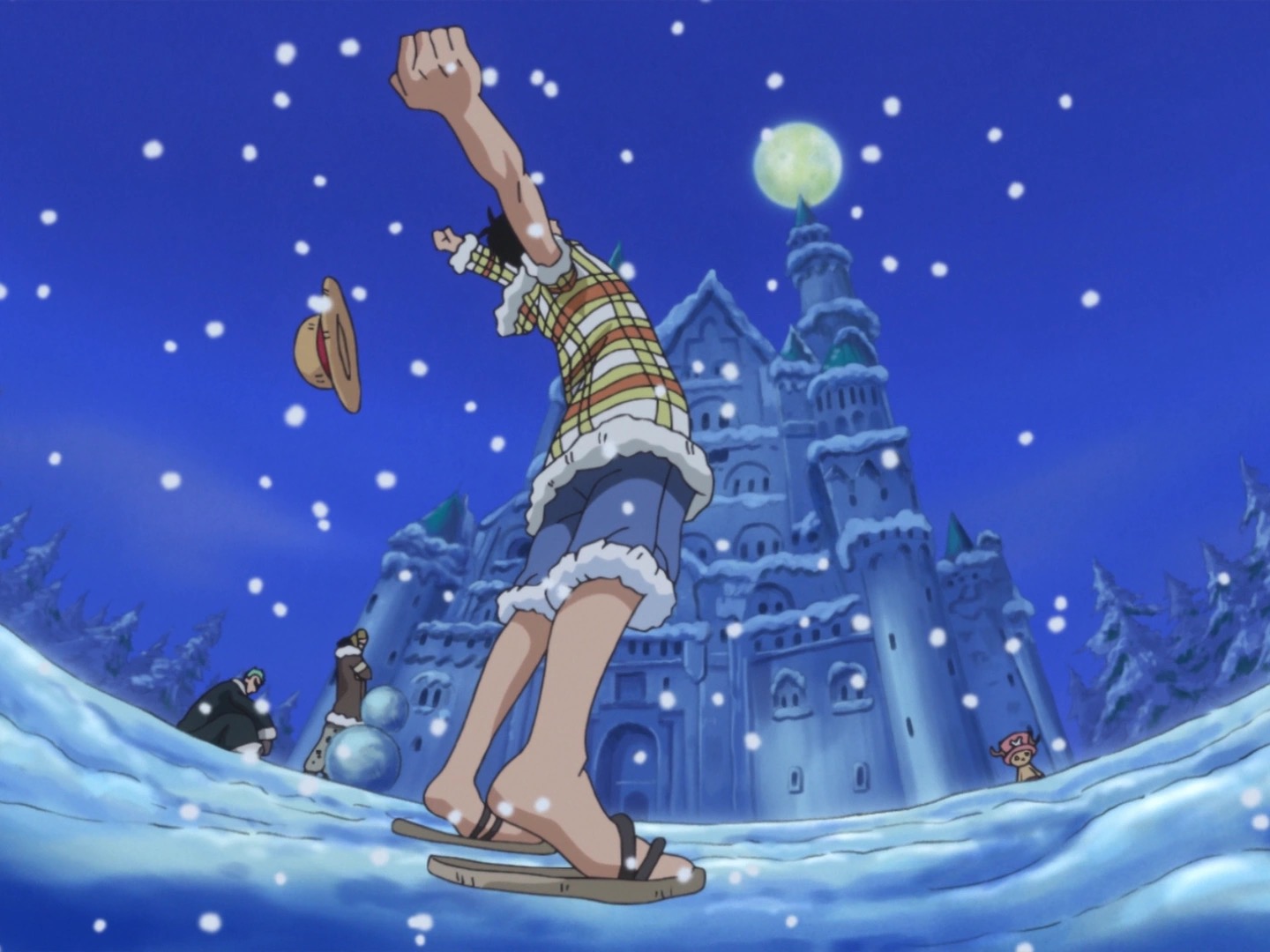 Luffy raises his fist in the snow outside Drum Castle, inviting Tony Tony Chopper (the little reindeer doctor, at bottom right) to join the Straw Hat crew