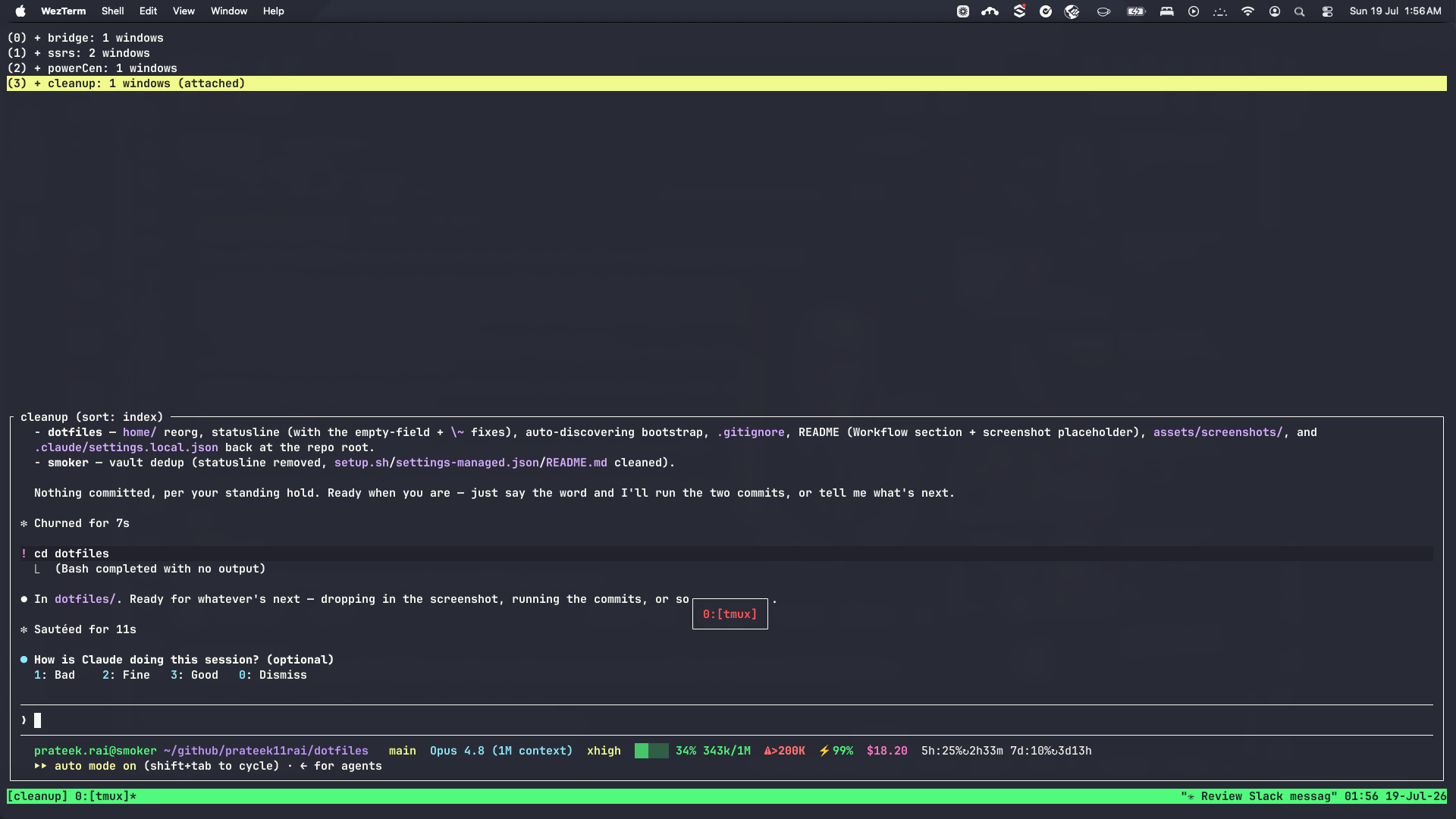 WezTerm running a tmux session with the custom Claude Code status line across the bottom, showing model, context meter, the 200K flag, cache-hit rate, session cost, and rate-limit resets