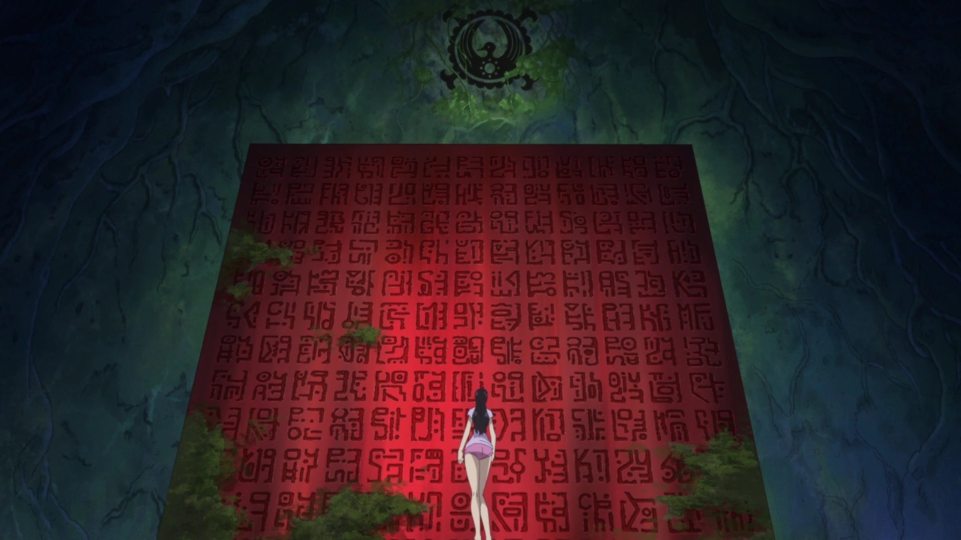 Nico Robin standing before the massive red Road Poneglyph inside the Whale Tree of Zou, dwarfed by a wall of ancient glyphs