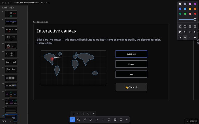 The interactive slide — an SVG world map with a pulsing region pin, plus working buttons and a claps counter