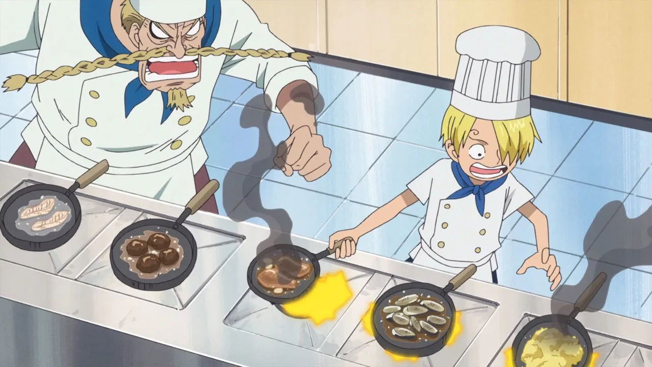 Young Sanji cooking at the Baratie — learning the craft early