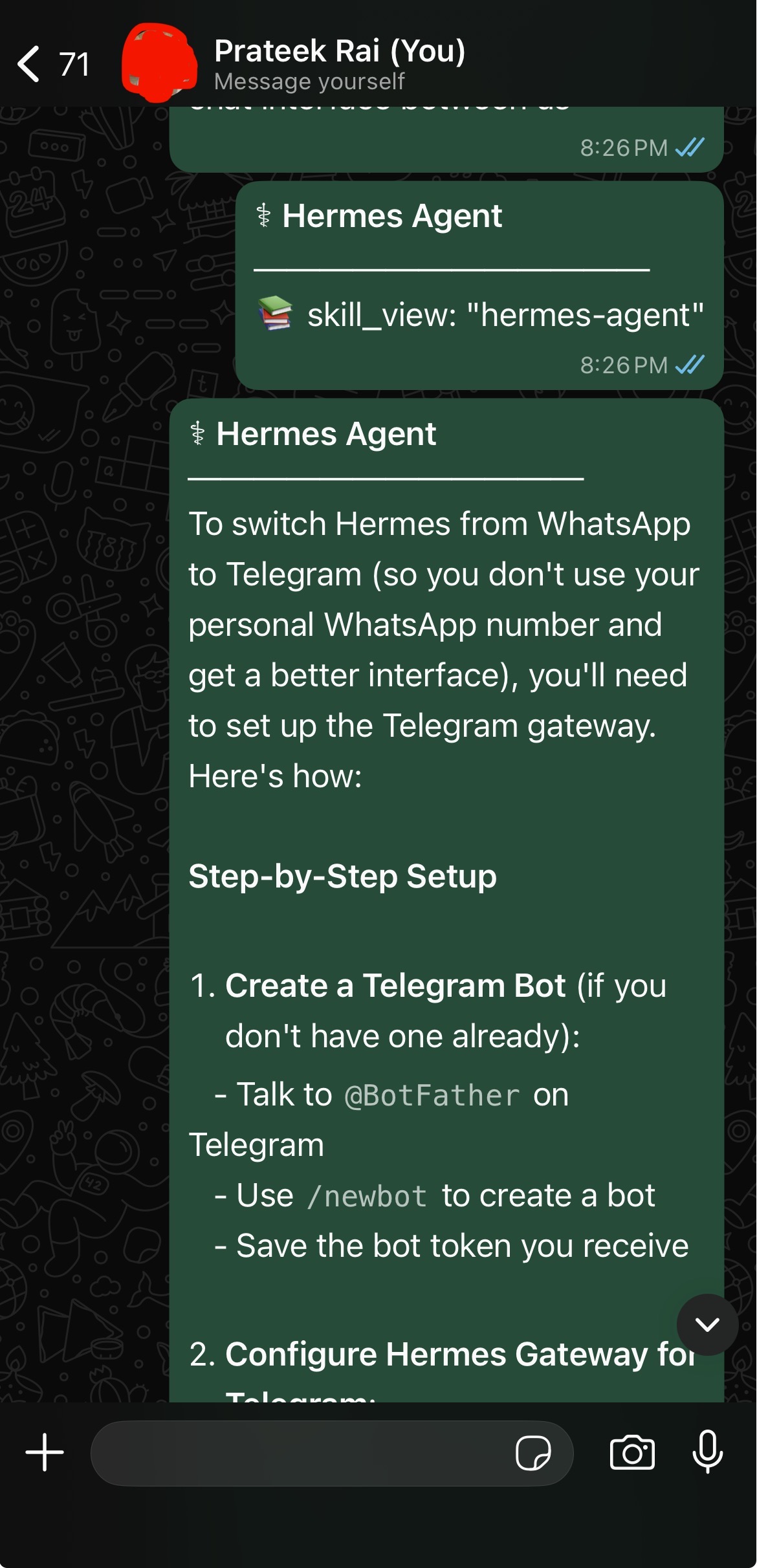 WhatsApp self-chat with Hermes bot