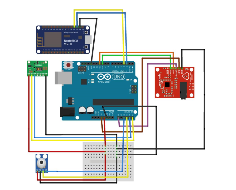 DocAid wearable circuit diagram — Arduino board wired to the health sensors